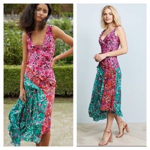 SALONI AGGIE RUFFLED FLORAL-PRINT SILK MIDI DRESS